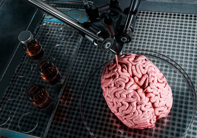 Rendering of a 3D printer working on bioprinting human brain tissue. Rendering of a 3D printer working on bioprinting human brain tissue.